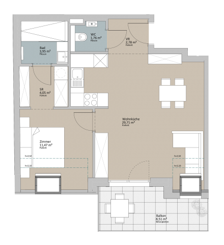 Beispielgrundriss 2-Zimmer-Wohnung "Die Lebensquelle"