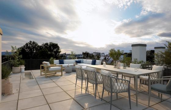 Außenrendering Ausblick Dachterrasse "Im Element der Sonne", August-Kronberger-Gasse 16, 1100 Wien